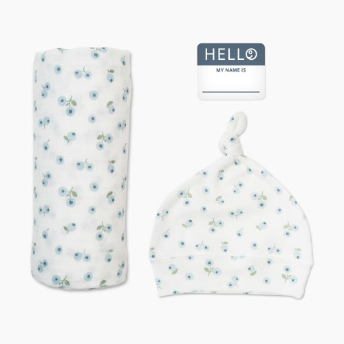 Lulujo Swaddle & Knotted Hat - Blueberries, 0-4 M