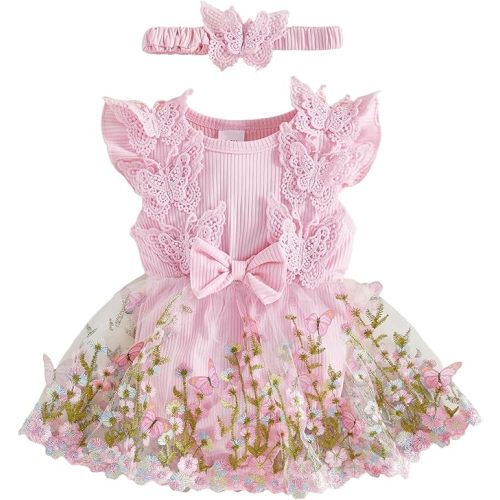 Newborn Baby Girl Lace Romper Flower Embroidery Tutu Dress Bow Headband