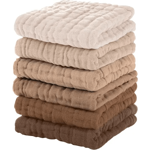 Muslin Burp Cloths Baby 12''X12'',Baby Washcloths 6 Pack, 100% Cotton Baby Wash Cloths Absorbent And Soft For Newborn Infants Kids Boys Girls Brown