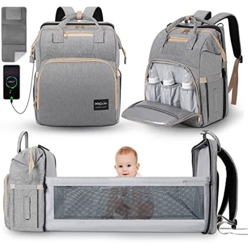 Diaper Bag Backpack with Changing Station, DerJunstar Baby Diaper Bags for Baby Boy & Girl with Portable Crib, Multifunctional Travel Diaper Waterproof Backpack, New Mom Gifts for Women,B. Gray