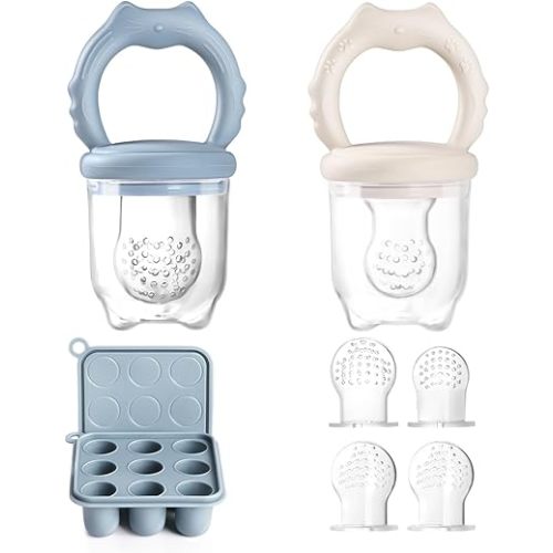 2 Silicone Baby Food Feeders & 1 Baby Food Freezer Tray & 4 Extra Pouches- Safe Introduction to New Foods, Frozen Milk & Puree - Ideal for Infants and Toddlers (Ice Cream Blue)