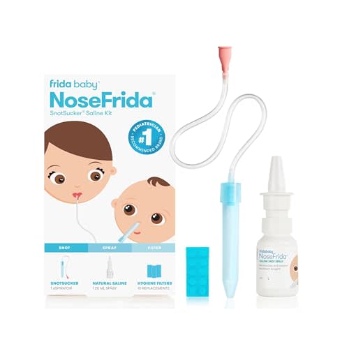 Frida Baby Nasal Aspirator for Baby, NoseFrida Baby Nose Sucker with 10 Extra Filters + All-Natural Saline Nasal Spray for Babies, Nasal Spray Decongestant, 0.68 fl oz