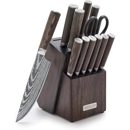 GreenPan x Bobby Flay 13 Piece Stainless Steel Cutlery Kitchen Knife Block Set, Premium Stainless Steel Blades, Acacia Wood Knife Block, Hand Finished Wood Handle, Damascus Steel Design