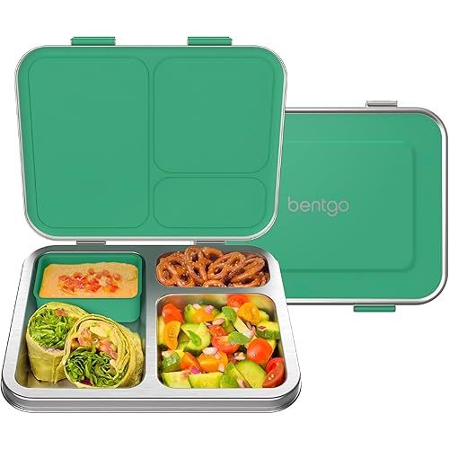 Bentgo Kids Stainless Steel Leak-Resistant Lunch Box - 3-Compartments with Bonus Silicone Container, Durable, Eco-Friendly, Dishwasher Safe, BPA-Free, Ideal for School, Ages 3+ (Green)