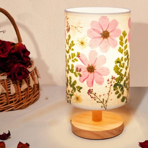 Floresita Dried Flowers Table Lamp 5W LED 3-color Pressed Flower Bedside Lamp Linen Shade Table Lamp with Wood Base for Bedroom Living Room Desk Office