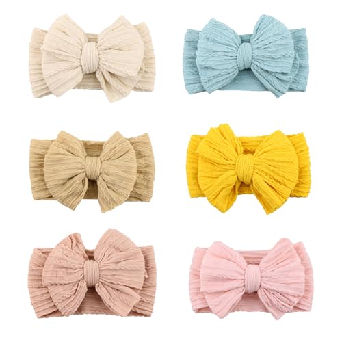 ZURLEFY 6 Pack Nylon Headbands with Stretchy Infant Bows, Pink Head Wraps for Newborns and Toddlers (03H-10)
