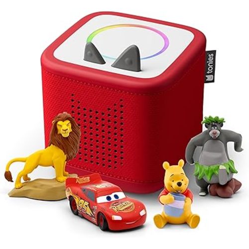 Toniebox 2 Audio Player Disney Bundle for Kids 3+ with Lightning McQueen, Simba, Winnie The Pooh, and Baloo - Sunset Red
