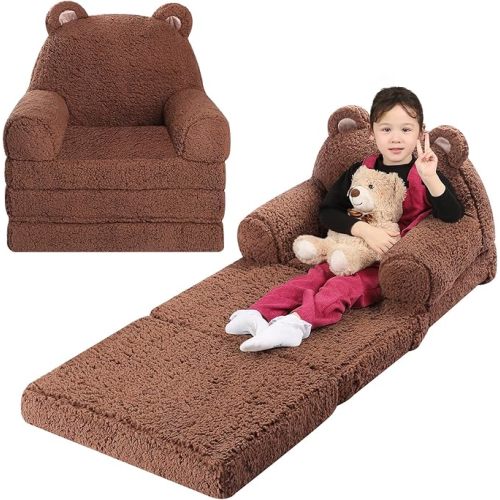 Foldable Kids Sofa, Sherpa Teddy Bear Toddler Couch with Tri Folding Foam Cushions, Comfy Kids Couch for Kids Age 3-6 - Brown Bear - Medium