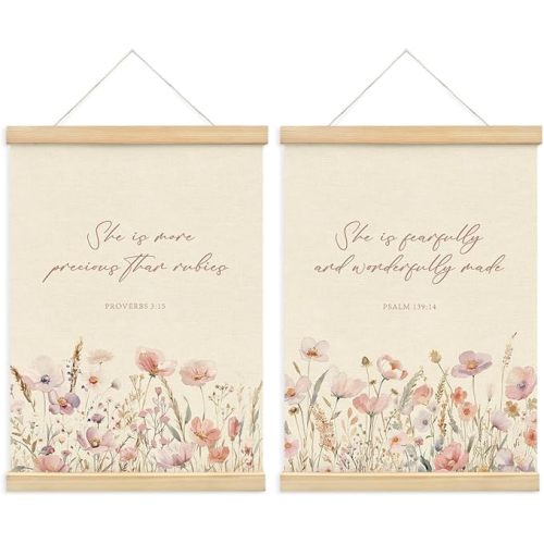PLKMN Christian Wall Decor, Christian Nursery Decor, Wildflower Baby Girl Nursery Decor Set of 2, Pink Floral Bible Christian Wall Art Framed, Christian Gifts for Women12x16 Inch