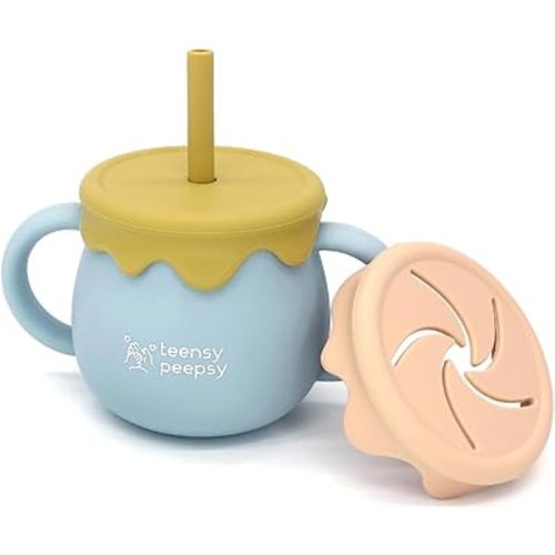 Honey Jar Pot 3-in-1 Silicone Training Cup 8.5oz, Baby Sippy Cup with Straw & Snack Cup for 6 months+ Straw Cup for Baby Boy Gift, Open Cup Toddler Smoothie Drinkware (Honey Jar Blue)