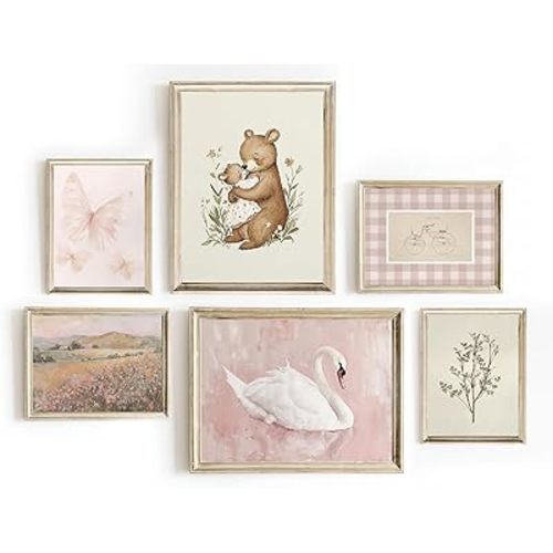Vintage Nursery Pink Wall Art Baby Girl Room Picture Wall Decor Swan Bear Canvas Pictures Antique Animals Plant Country Painting Prints Posters for Kids Room Bedroom 8x10x4 12x16x2 lnch Unframed