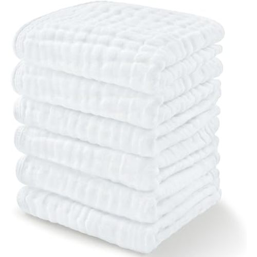 Comfy Cubs Muslin Baby Washcloths 10 Pack - Soft 6-Layer Cotton Wash Cloths for Sensitive Skin - 10"x10" Large, Gentle, Absorbent Infant Essentials for Newborn and Toddlers - (White)