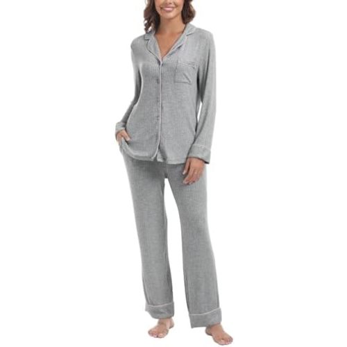 Women's Pajama Sets Long Sleeve Button Down Soft Knit Sleepwear Pjs 2 Piece Lounge Set