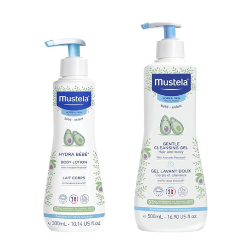 Mustela Baby Bath Time Gift Set - Baby Skin Care Essentials with Natural Avocado - Contains Hydra Bebe Body Lotion 10.14 fl. oz. & Gentle Cleansing Gel 16.9 fl. oz. - 2 Items Set