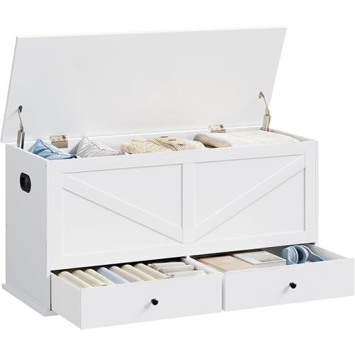 VASAGLE Storage Chest, Storage Bench with 2 Fabric Drawers, Farmhouse Style, for Entryway, Bedroom, Living Room, 15.7 x 39.4 x 19.9 Inches, Cloud White ULSB043W01