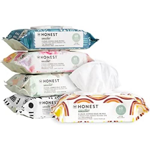The Honest Company Clean Conscious Unscented Wipes | Over 99% Water, Compostable, Plant-Based, Baby Wipes | Hypoallergenic for Sensitive Skin, EWG Verified | Multi-print, 300 Count