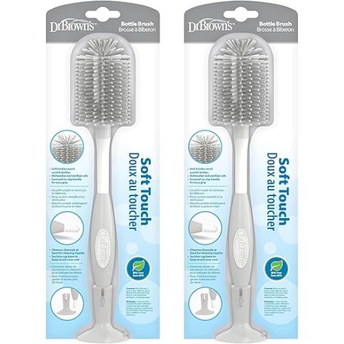 Dr. Brown's Soft Touch No Scratch Baby Bottle Cleaning Brush, Nipple Cleaner & Suction Cup Base for Easy Storage, BPA Free, Gray (Pack of 2)