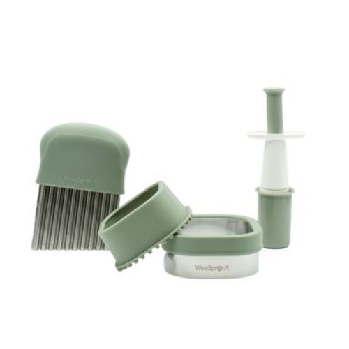 WeeSprout Baby Led Weaning Kitchen Tool Set, Includes Crinkle Cutter, Grape Cutter & Sandwich Cutter, Matte Green