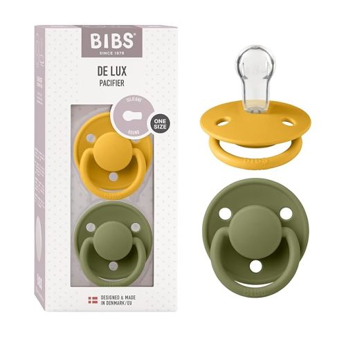 BIBS De Lux Baby Pacifier 2-Pack | Made in Denmark | BPA Free Dummy Soother, Round Nipple. Silicone, OneSize (0-36 Months), Honey Bee/Olive