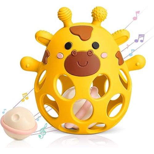 2-in-1 Baby Teething Toys 3-6 6-12 Months, Silicone Baby Teether Toys Ball with Rattle for Teething Relief, Infant Chew Toys, Baby Gifts for Newborn Boys Girls, Easy Grasp, BPA Free, Yellow