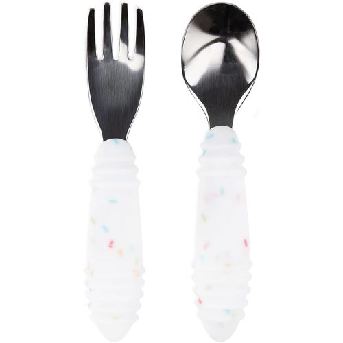 Bumkins Toddler Utensils, Kids Size Fork and Spoon Set, Silicone and Stainless-Steel Training Silverware, Angled Forks/Sporks Feeding, Children Hold Learning to Eat, 18 Mos Up, Vanilla Sprinkles