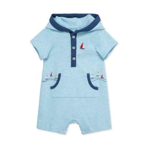 Breezy Sailboat Embroidered Cotton Hooded Romper, 3M