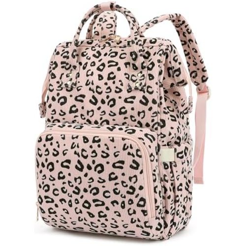 Corduroy Diaper Bag Backpack for Baby Girls Boys, Women Large Nappy Bags for Mom (Pink Corduroy Leopard)
