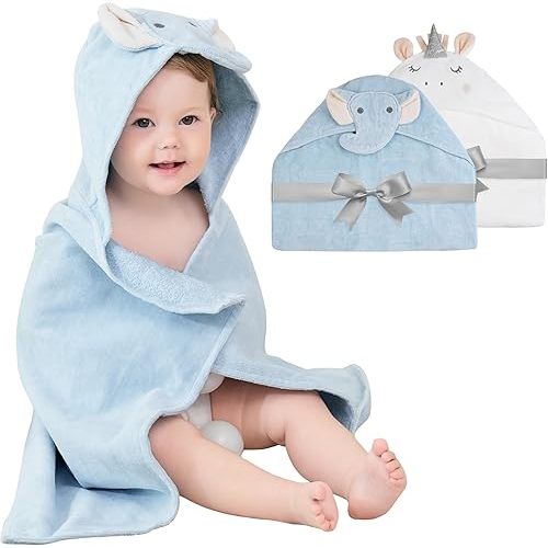 2 Pack Baby Hooded Towels, Premium Soft Cotton Baby Bath Towels with Hood, Extra Thick and Super Absorbent, Essential for Newborns, Infants and Toddlers (Blue Elephant & White Unicorn)