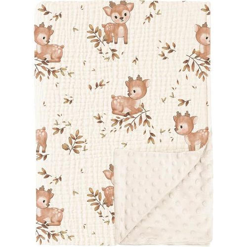 Konssy Baby Blankets for Unisex Boys Girls, Super Soft Nursery Minky Blankets with Muslin Cotton Front and Dotted Fleece Backing, Printed Bed Throws Newborn