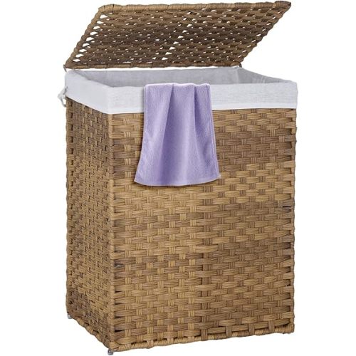 Paylesshere Laundry Basket Handwoven Laundry Hamper 90L/110L Foldable Rattan Hamper With Lid, 2 Removable Liner Bags & 6 Bags,Clothes Bathroom Basket,Natural