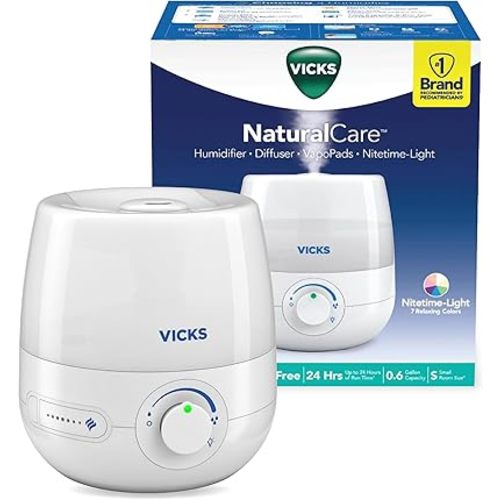 Vicks NaturalCare Cool Mist Ultrasonic Humidifier (VUL530), White, Small Room – Humidifier and Diffuser with Nighttime Light, Works with Vicks VapoPads