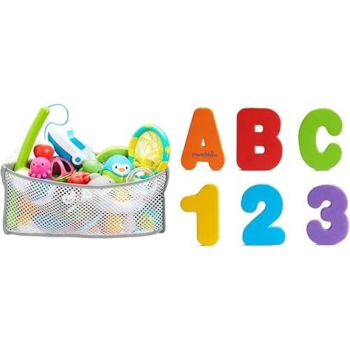 Munchkin® High 'n Dry™ Corner Bath Toy Organizer and Storage, Grey & ® Learn™ Bath Letters and Numbers 36pc Toddler Bath Toy