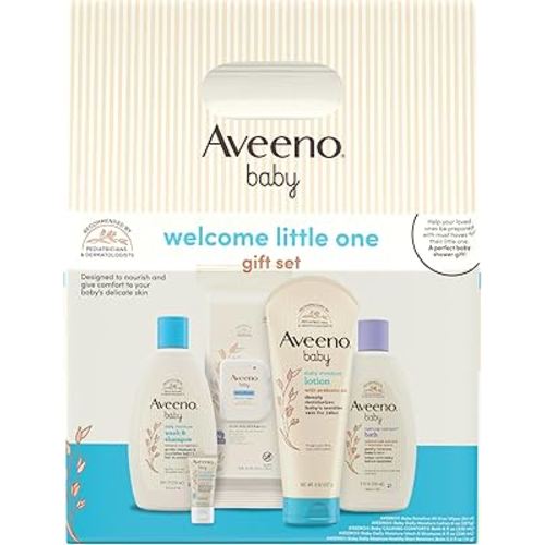 Aveeno Baby Welcome Little One Gift Basket, Baby Skincare Set with Nourishing Baby Body Wash & Shampoo, Calming Bath Wash, All Over Baby Wipes, & Daily Moisturizing Lotion, 5 Items