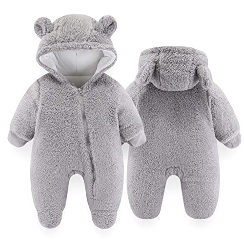 UVIPC Newborn Baby Fleece Footie Snowsuit Winter Onesie Cartoon Bear Warm Hooded Outfits for Girls Boys