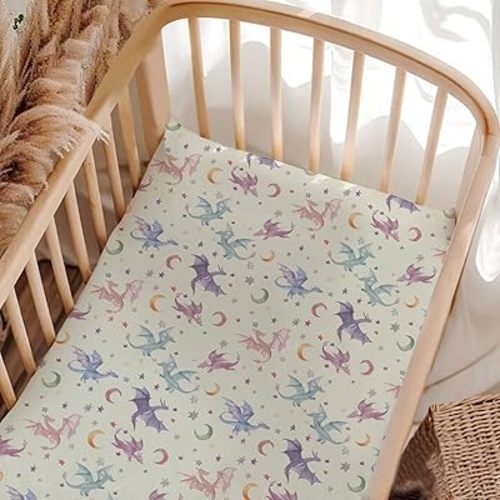 Unisex Watercolor Dragons Moon Stars Pattern Baby Fitted Crib Mattress Sheets, Standard Crib & Toddler Mattress, Cute Dragons Print Crib Sheets, Baby Nursery Bedding - 28 * 52