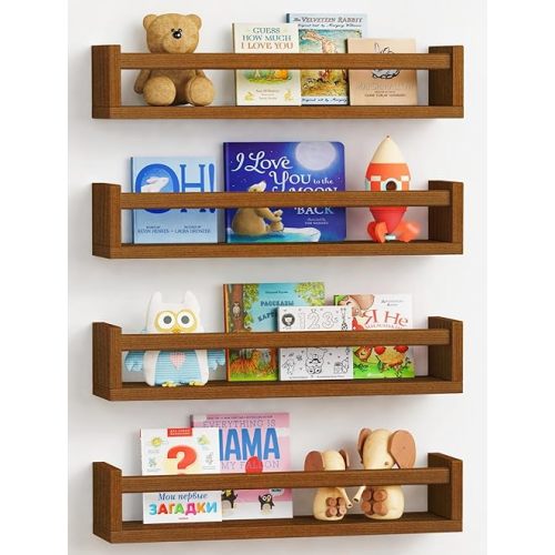 Forbena Dark Wood Nursery Kids Bookshelf Wall Mounted, Wooden Floating Nursery Book Shelves for Wall, Hanging Kids Bookshelves for Toddler Baby Room Bedroom Bathroom (Solid Pine, Walnut Brown, 4 Pack)