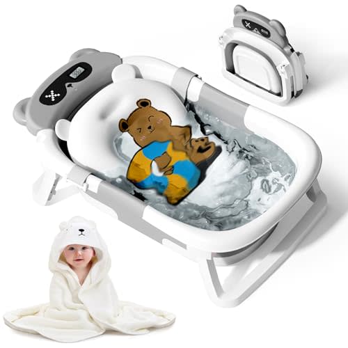 Kerbwry Collapsible Baby Bathtub for Newborn to Toddler (0-18 M) - Portable Baby Tub with Thermometer, Newborn Bathtub with Soft Towel and Floating Cushion (Gray)