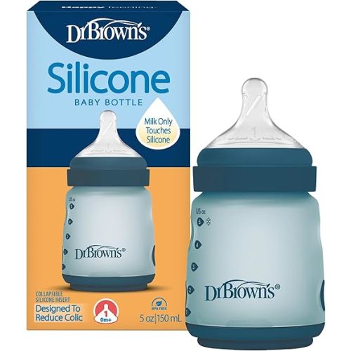 Dr. Brown's Silicone Baby Bottle with Collapsible Insert Designed to Reduce Colic, 5 oz with Wide-Neck Level 1 Slow Flow Nipple, BPA-Free, 0m+, Blue, 1-Pack