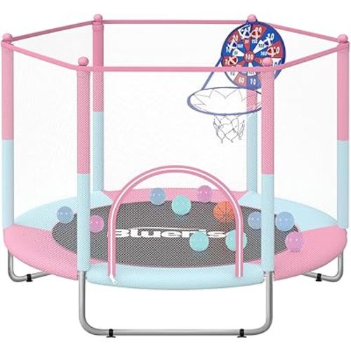 BLUERISE 60" Trampoline for Kids, 5 FT Small Toddler Indoor & Outdoor Trampoline, Basketball Hoop & Dart Board, Baby Trampoline Toys, Gifts for Boy and Girl, Baby Toddler Christmas Toys