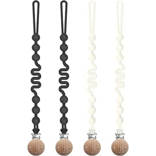 Silicone Pacifier Clip with Adjustable Spring, 4 Pack Extra Long Pacifier Holder Clips for Baby Boys and Girls, Seposeve Soft Flexible Pacifier Leashes with 3 Textures, 2 Black + 2 White