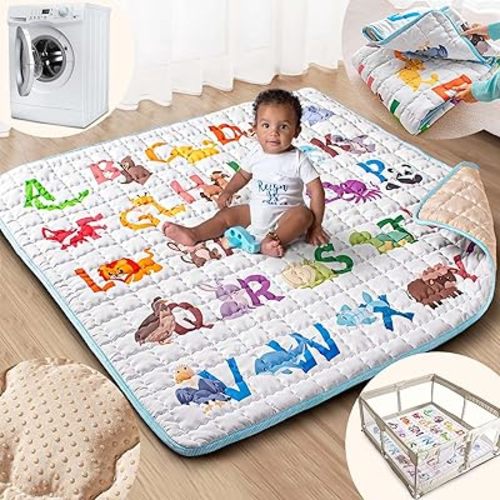Baby Play Mat, 50x50 Playpen Mat with Super Soft Touch, Activity Mat with Upgraded Anti-Slip Bottom, Machine Washable Crawling Mat for Floor & Picnic (Animal Alphabets)