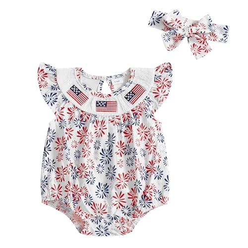 BemeyourBBs Newborn Baby Girl 4th of July Outfit Smocked Bubble Romper Jumpsuit Infant Girl Fourth of July Summer Clothes