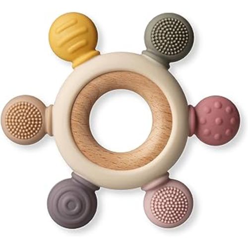 Baby Teething Toys, Silicone Chewable Toys with Organic Wooden Ring for Infants 3+ Months, Silicone Teething Toys for Soothing Sore Gums, Sucking Needs (6 Directions, Khaki)