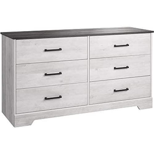 Prepac Rustic Ridge Farmhouse 6-Drawer Chest of Drawers for Bedroom, Wooden Bedroom Drawer Dresser with 6 Storage Drawers, 18.25in x 53.25in x 28.5in, Washed White, ADBR-1606-1