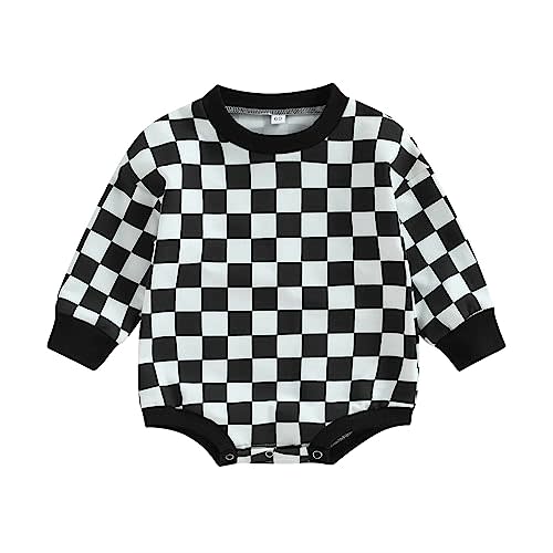 Karuedoo Baby Boy Girl Checkered Sweatshirt Romper Oversized Long Sleeve Bubble Romper Top Neutral Baby Fall Clothes
