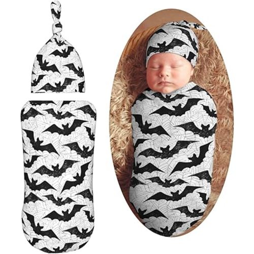 Black Bat Newborn Swaddle Blankets Hat Sets Soft Baby Receiving Blanket Swaddle Sack for Baby Shower Infant Boy Girl Gift