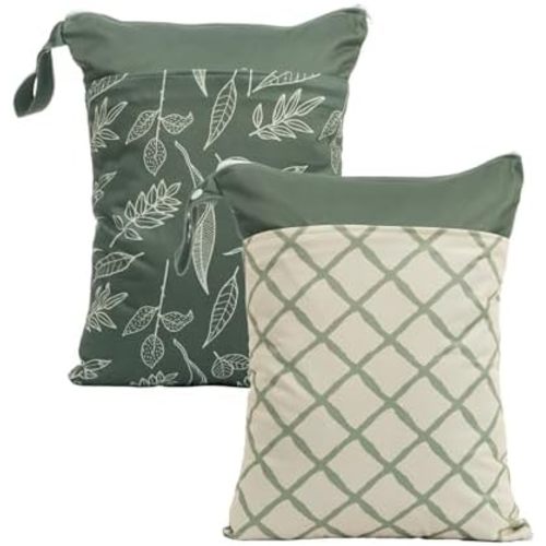 2pcs Wet Bags Waterproof Reusable Wet Dry Bag with Two Zippered Pockets Travel Beach Pool Daycare Yoga Gym Bag for Baby Cloth Diaper,Swimsuits,Wet Clothes (Leaves & Grids)