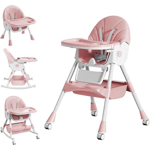 Baby High Chair, 5 in 1 High Chairs for Babies and Toddlers, Travel Foldable High Chair with Foot Rest, Detachable PU Cushion, Double Removable Tray, Adjustable Height & Recline, Locking Wheels