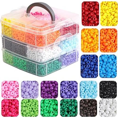 Pony Beads for Bracelets 3600 Pcs Plastic Beads for Friendship Bracelets Necklace 6x9mm 18 Solid Color Beads for Jewelry Making Supplies 3-Layer Box Packaging(18 Solid Colors)