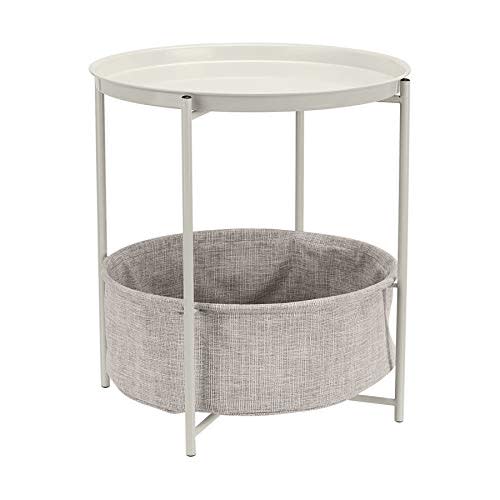 Amazon Basics Round Storage End Table, Side Table with Cloth Basket, White/Heather Gray, 17.7"L x 17.7"W x 18.9"H